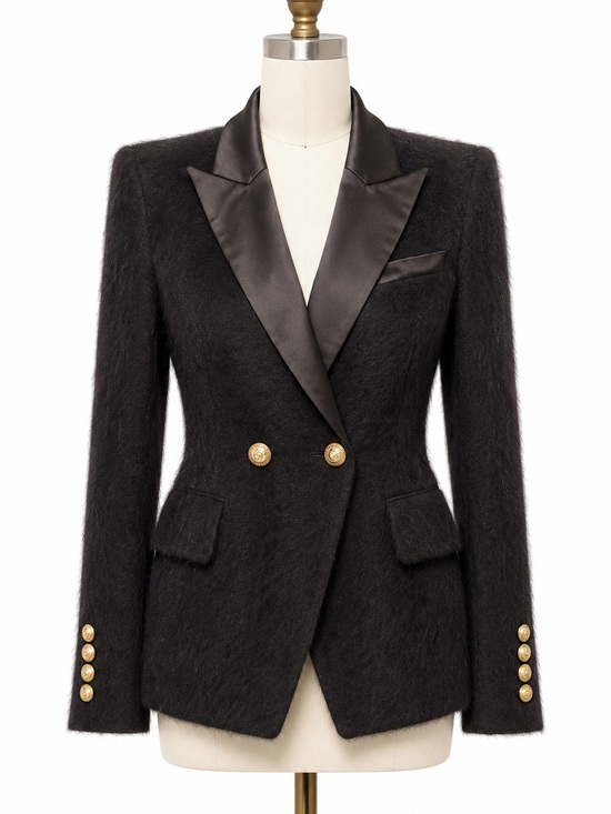 Balmain Jackets & Blazers - Balmain Black Mohair Double-Breasted Blazer with Satin Lapels